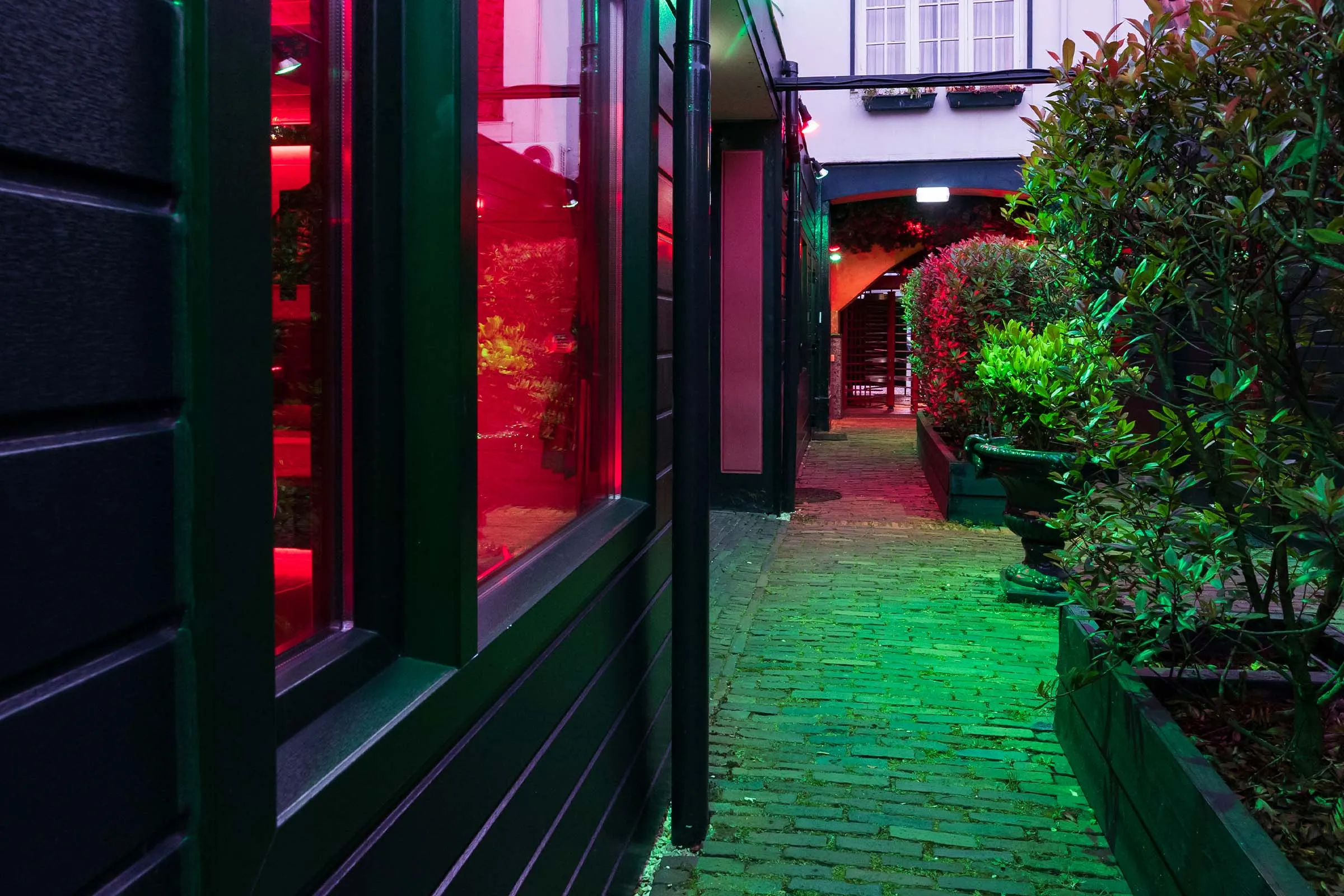 De gang langs de kamers in het hofje, met beplanting en bakstenen bestrating, uitkomend op het draaihek.